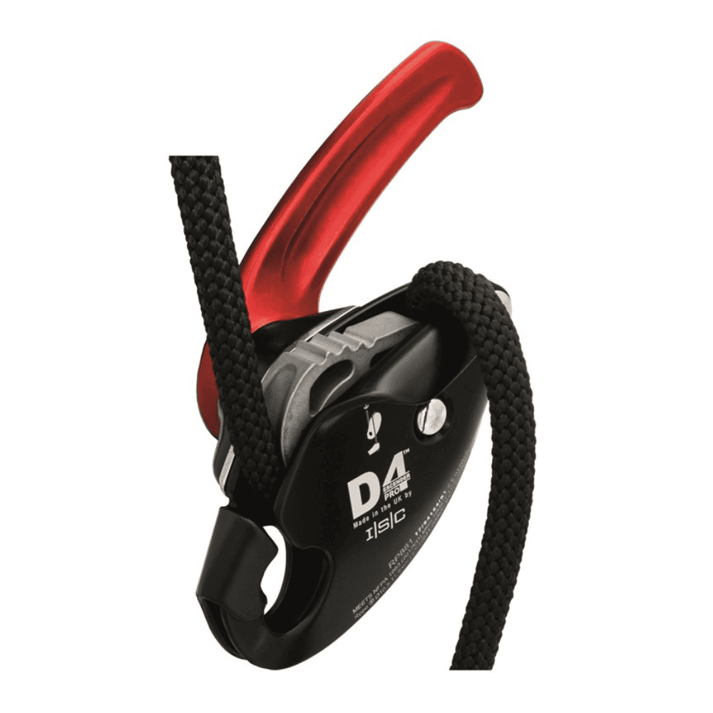 ISC D4PRO Work/Rescue Descender with black rope in situ