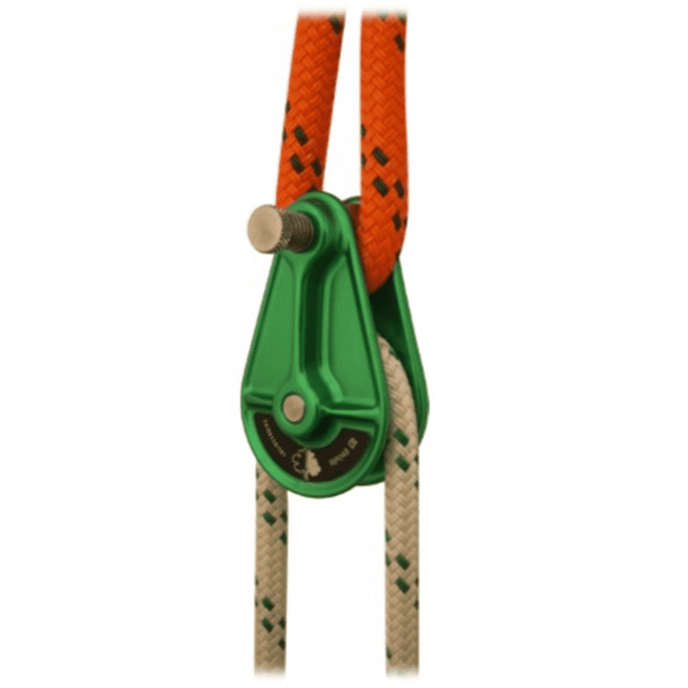 ISC Compact Rigging Pulley 13mm green in colour with red rope running through the top part of the pulley