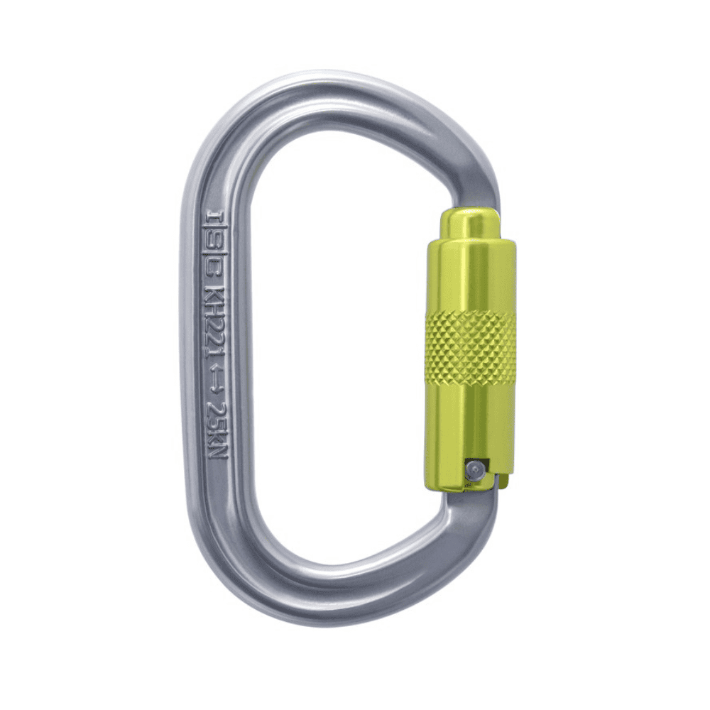 Grey oval carabiner with lime green gate in closed position