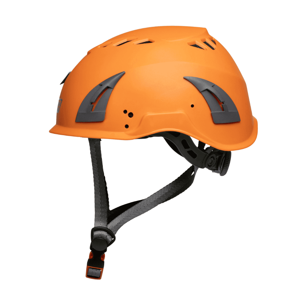 Side view of the JAMA climbing helmet in orange showing visor mounts and ear muff mounts
