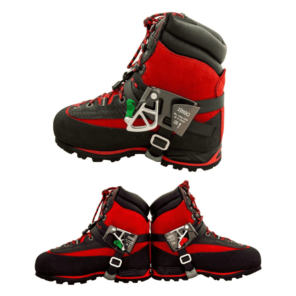 ISC Stryder Foot Ascender in situ on red boot showing both outer and inner of ascender fitted to the boot