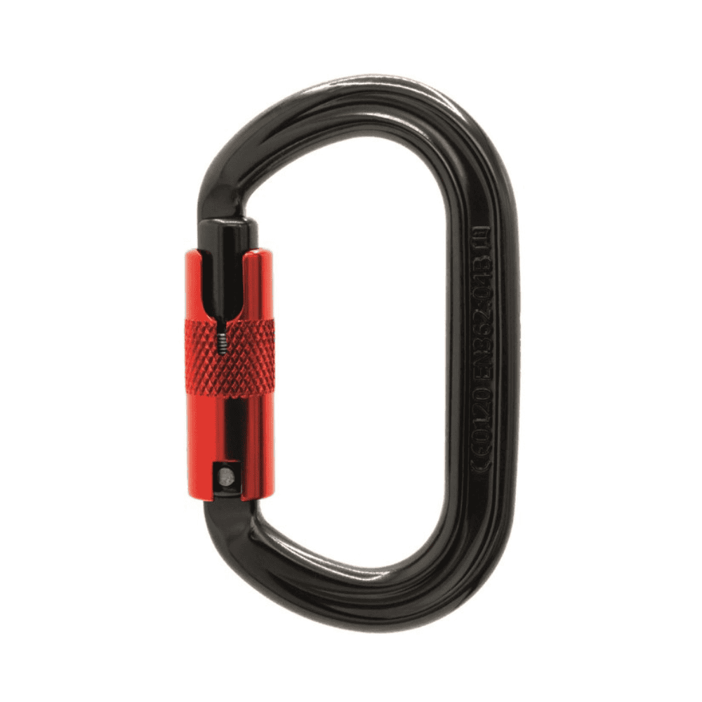 Dark grey carabiner with red supersafe gate back view