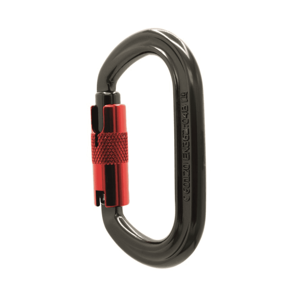 Dark grey carabiner with red supersafe gate side view