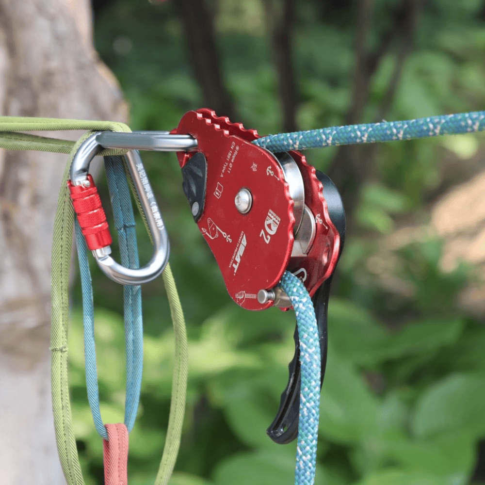 At Height Rescue Descender RD2 in use. Red device with blue rope running through it and wrapped around a tree
